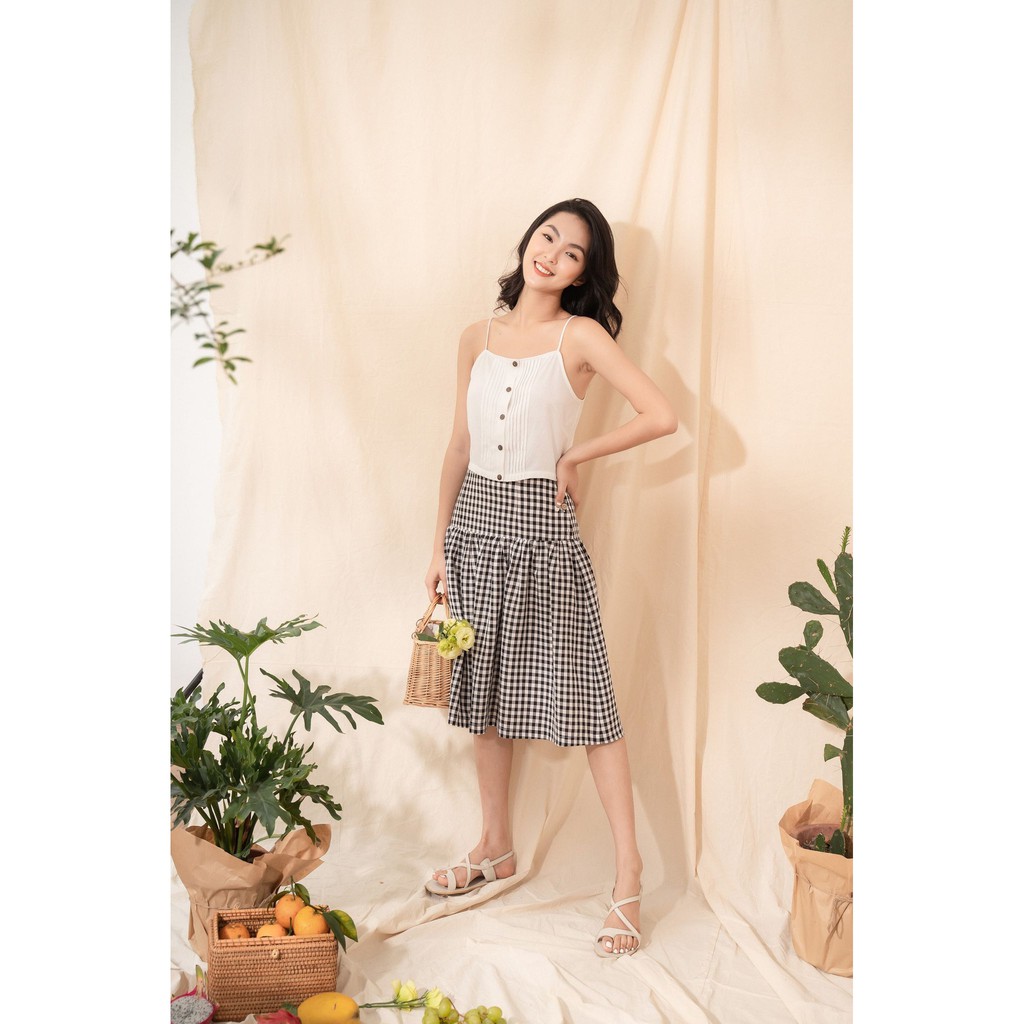 Chân Váy 2 Tầng Kẻ Gingham Đen Có Khuy Cài Lệch [Madelen]
